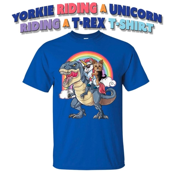 Boutique Tops - Yorkie Riding a Unicorn Riding a T-Rex T-Shirt
